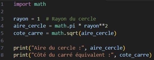 Algorithme Python : longueur du côté d'un carré équivalent à un cercle de rayon donné