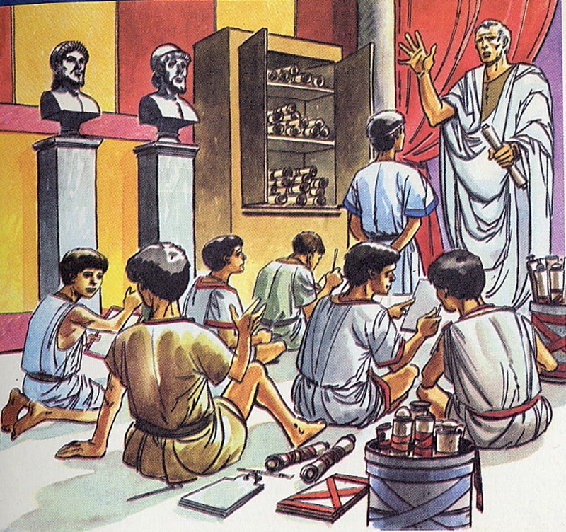 Le ludus comme le grammaticus étaient enseignés à des groupes de jeunes romains par un maître, le plus souvent sous un des portiques du Forum.