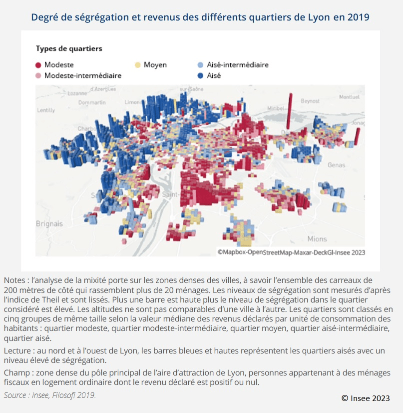 carte ségrégation et revenus des quartiers de Lyon