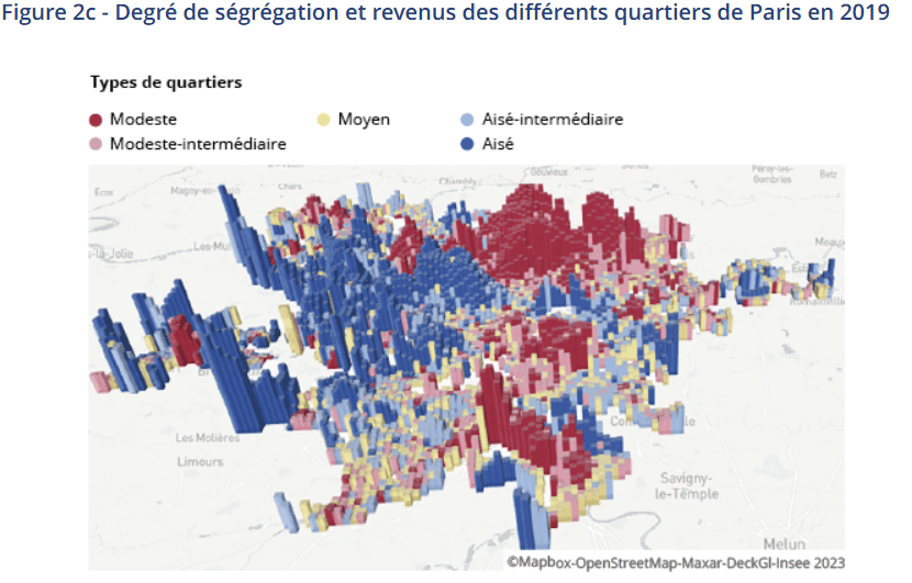 carte ségrégation et revenus des quartiers de Paris